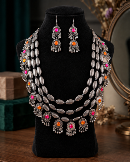Pink And Orange Ranvijay Oxidised Silver Necklace & Earrings Set