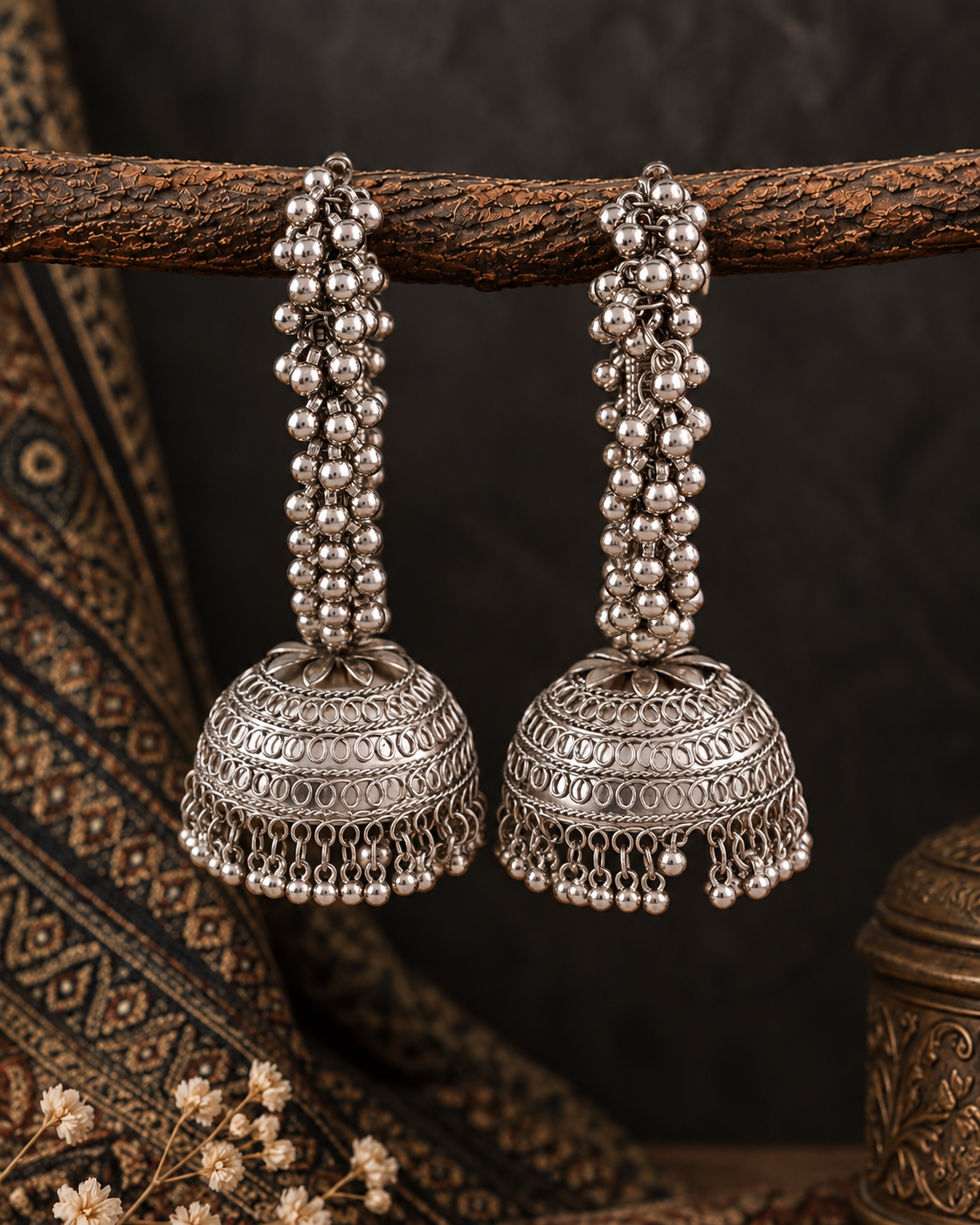 Silver Rajasvi Oxidised Jhumka Earrings