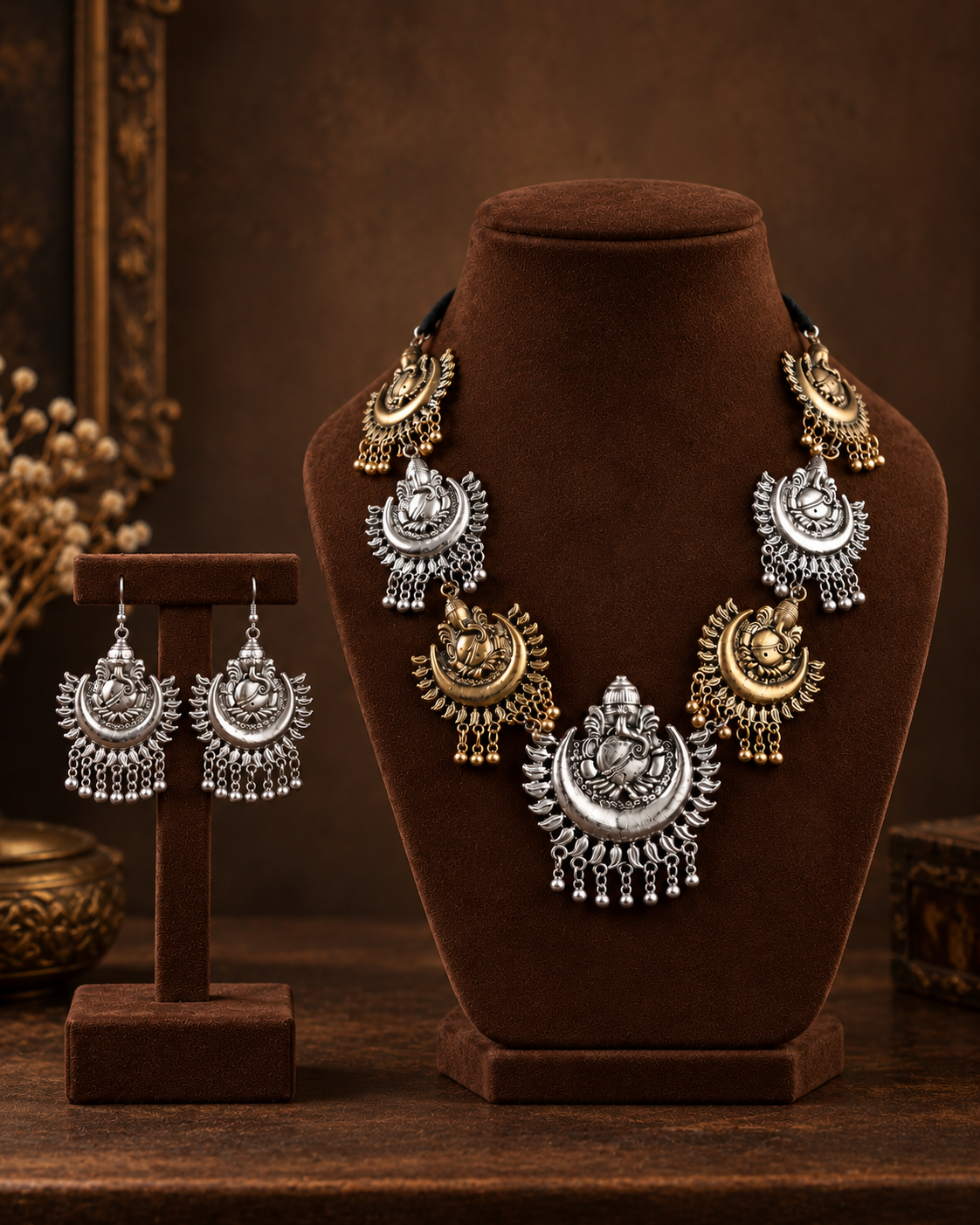 Apsara Oxidised Ganesha Necklace With Earrings