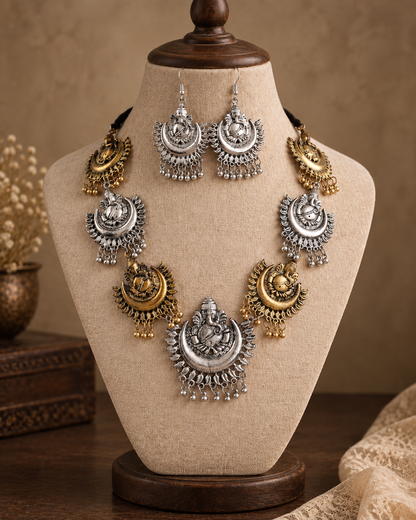 Apsara Oxidised Ganesha Necklace With Earrings