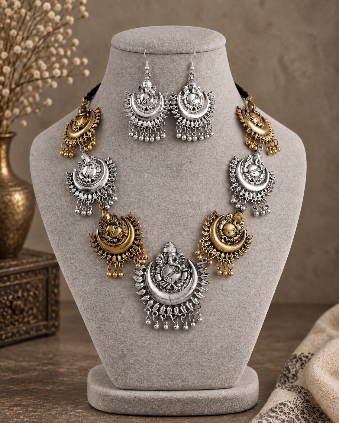 Apsara Oxidised Ganesha Necklace With Earrings