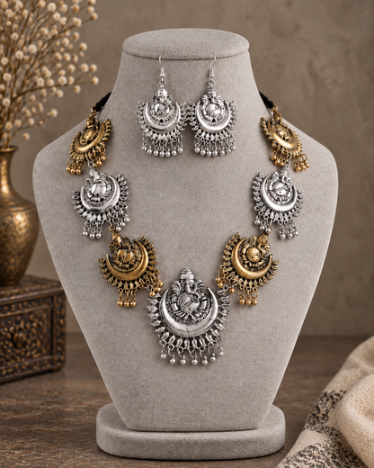 Apsara Oxidised Ganesha Necklace With Earrings