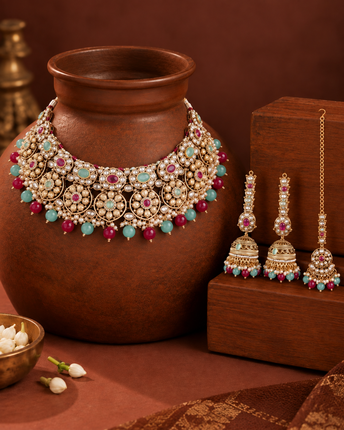 Ruby Mint Kamalika Rajwada Necklace Set with Earring and Teeka