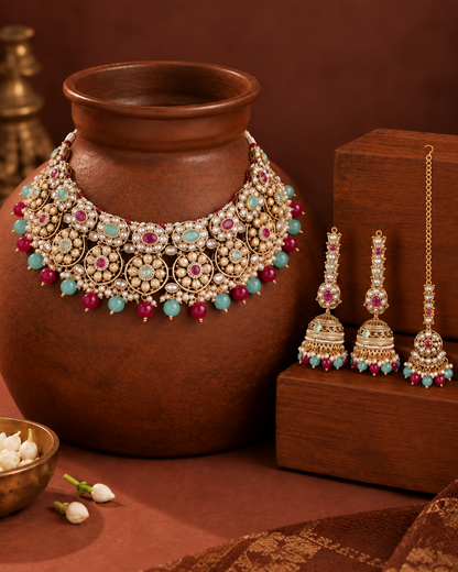 Ruby Mint Kamalika Rajwada Necklace Set with Earring and Teeka