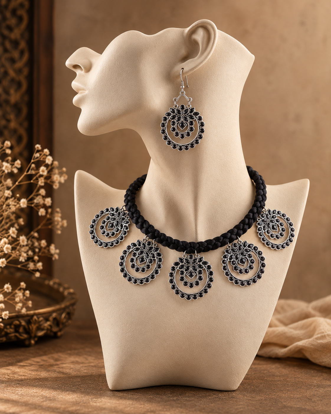 Silver & Black Vaira Oxidised Necklace & Earrings