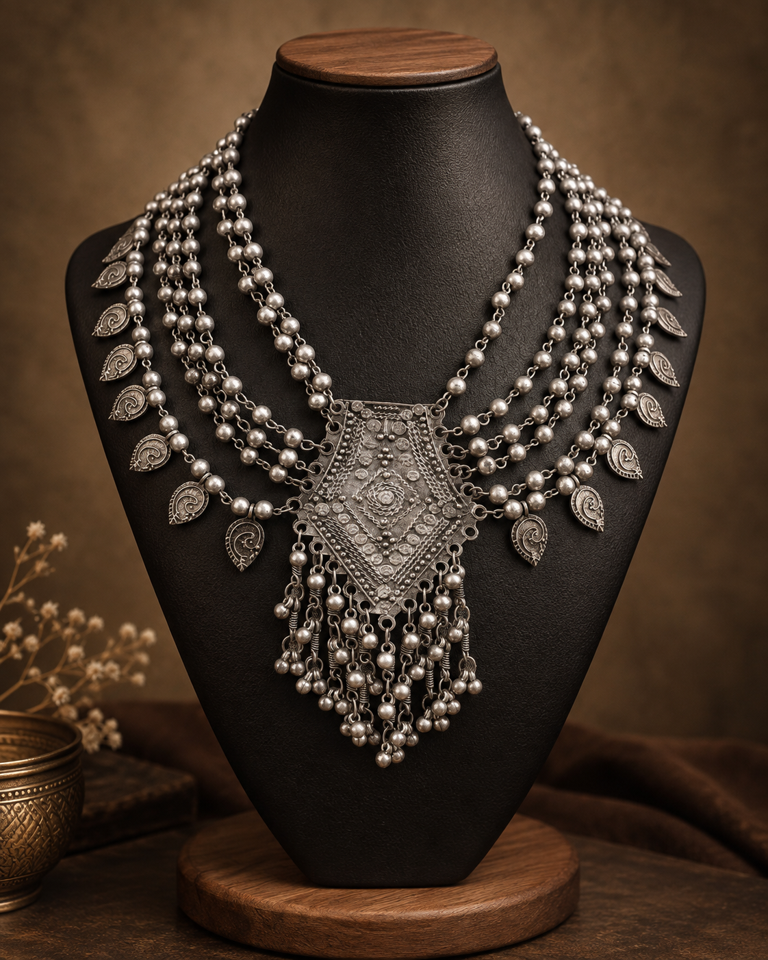 Silver Madhubani Oxidised Layered Necklace