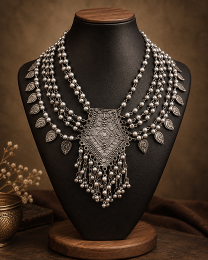 Silver Madhubani Oxidised Layered Necklace