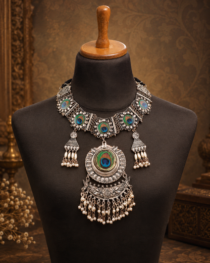 Silver Ahana Oxidised Peacock Feather Necklace