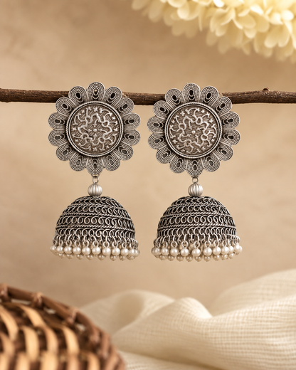 Silver Saakshi Oxidised Jhumka Earrings
