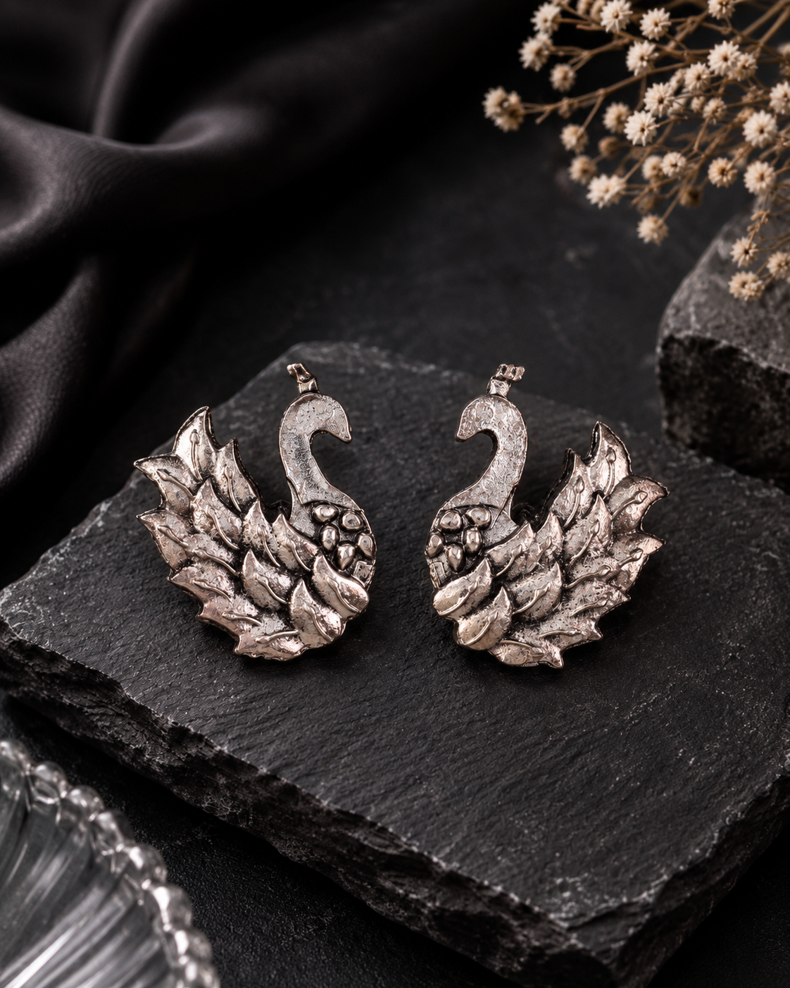 Silver Anamika Oxidised Peacock Earrings