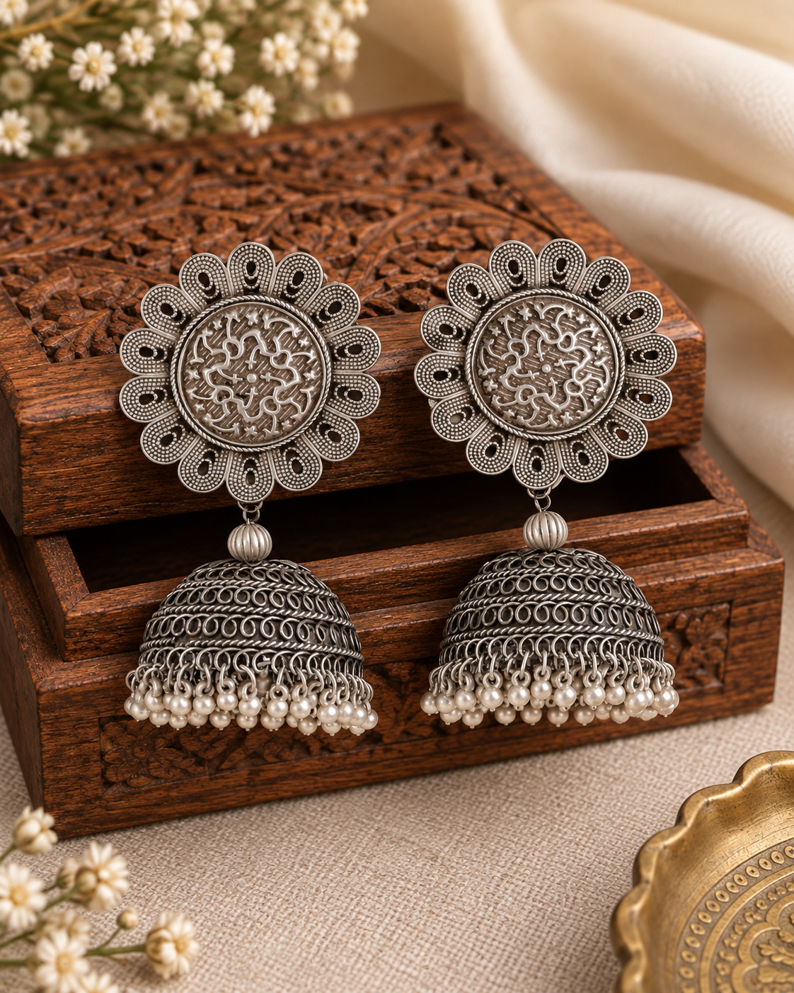 Silver Saakshi Oxidised Jhumka Earrings