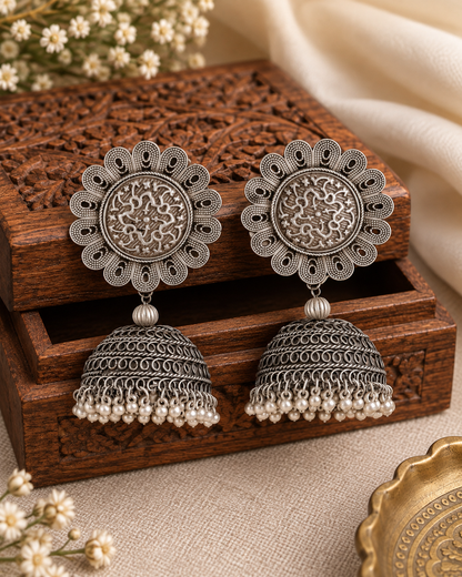 Silver Saakshi Oxidised Jhumka Earrings