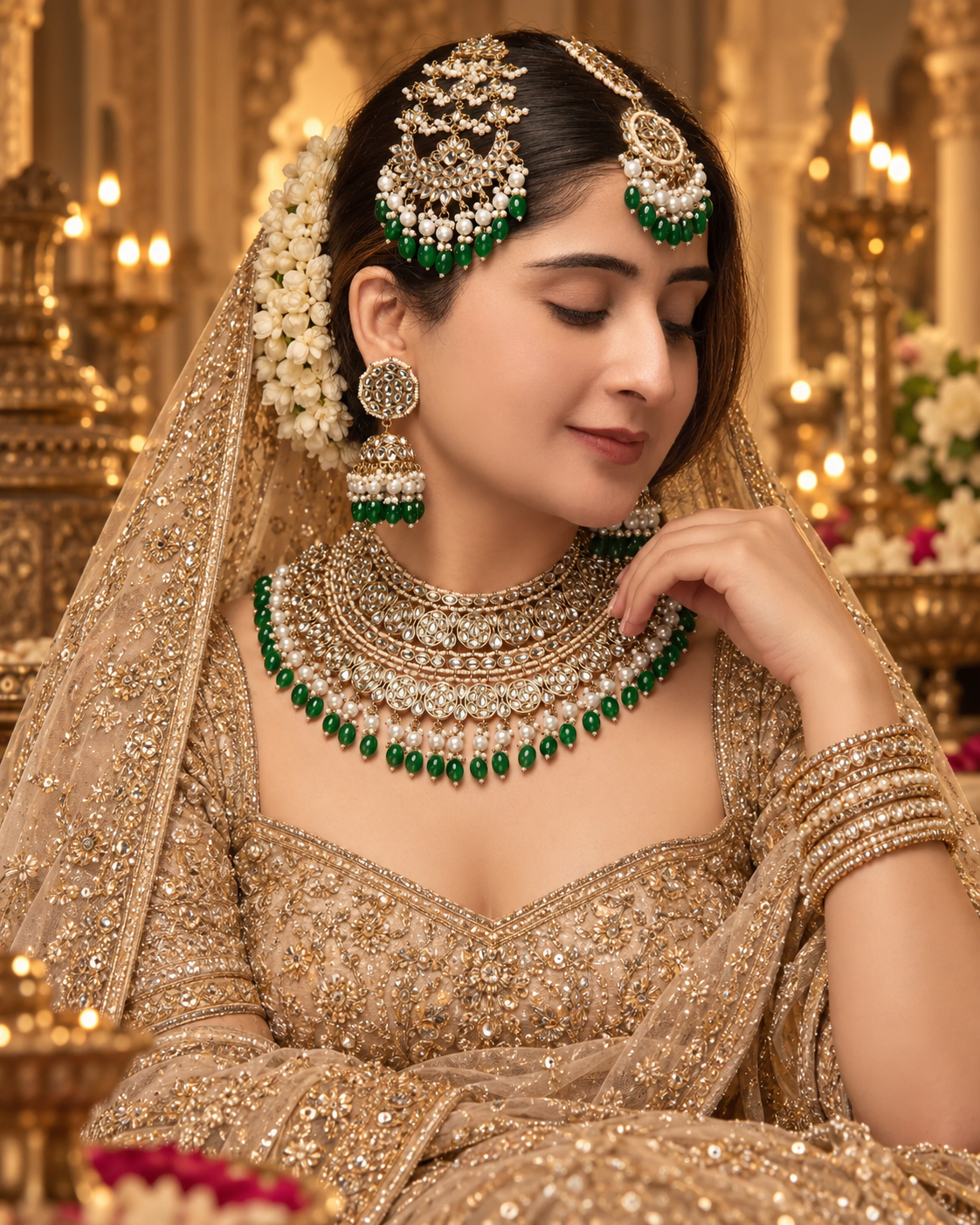 Green Navneet Statement Necklace Earring with Teeka and Side Jhumar/Passa