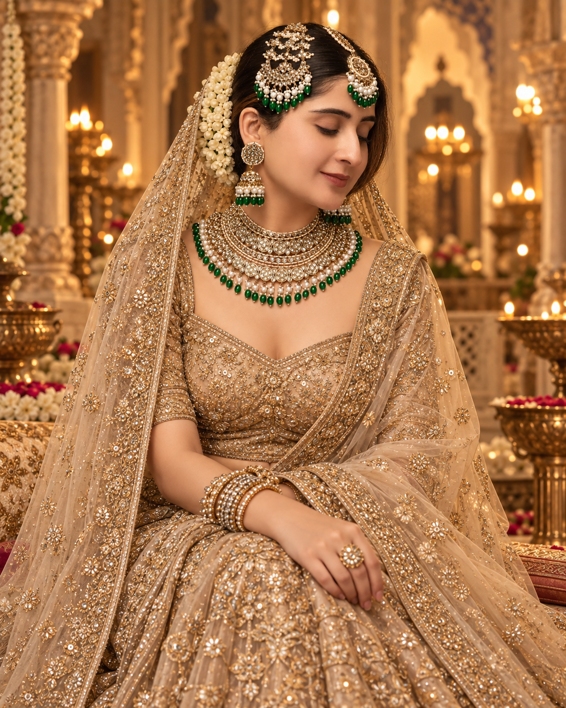 Green Navneet Statement Necklace Earring with Teeka and Side Jhumar/Passa