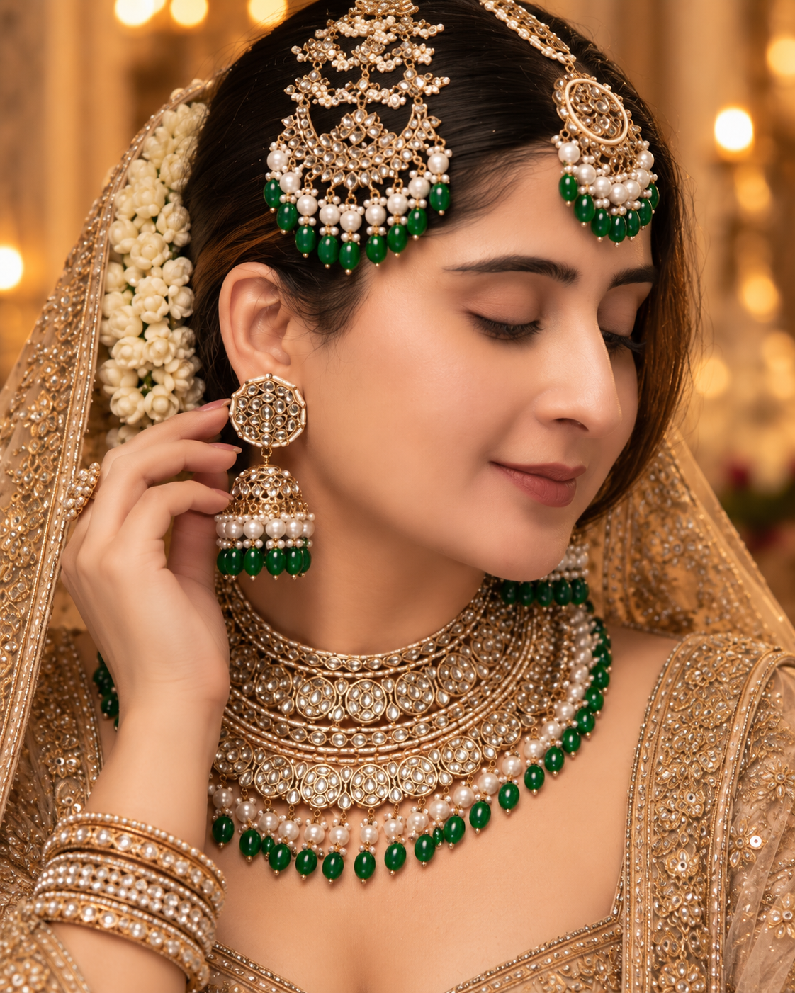 Green Navneet Statement Necklace Earring with Teeka and Side Jhumar/Passa