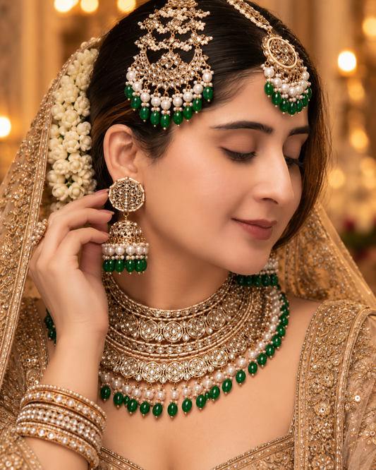 Green Navneet Statement Necklace Earring with Teeka and Side Jhumar/Passa