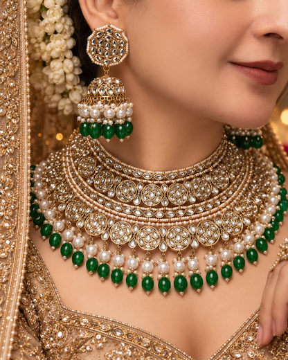 Green Navneet Statement Necklace Earring with Teeka and Side Jhumar/Passa