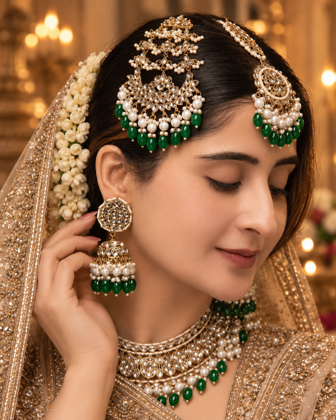 Green Navneet Statement Necklace Earring with Teeka and Side Jhumar/Passa