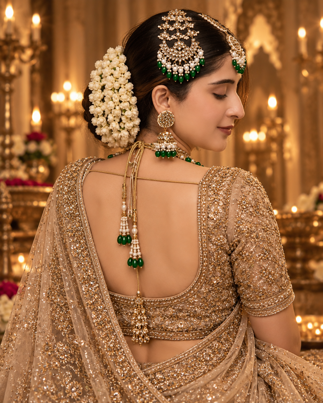 Green Navneet Statement Necklace Earring with Teeka and Side Jhumar/Passa