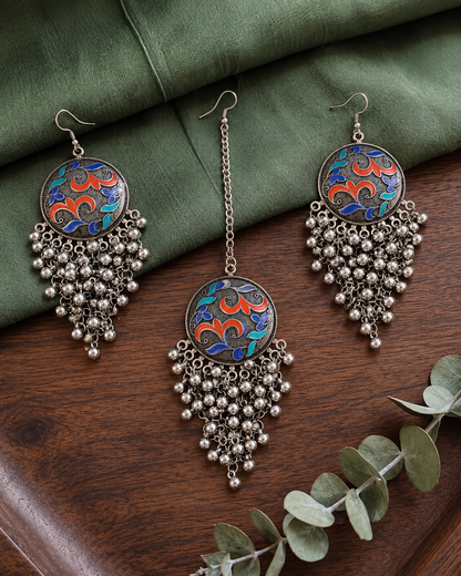 Multicolor Anaya Oxidised Mang Teeka With Earrings