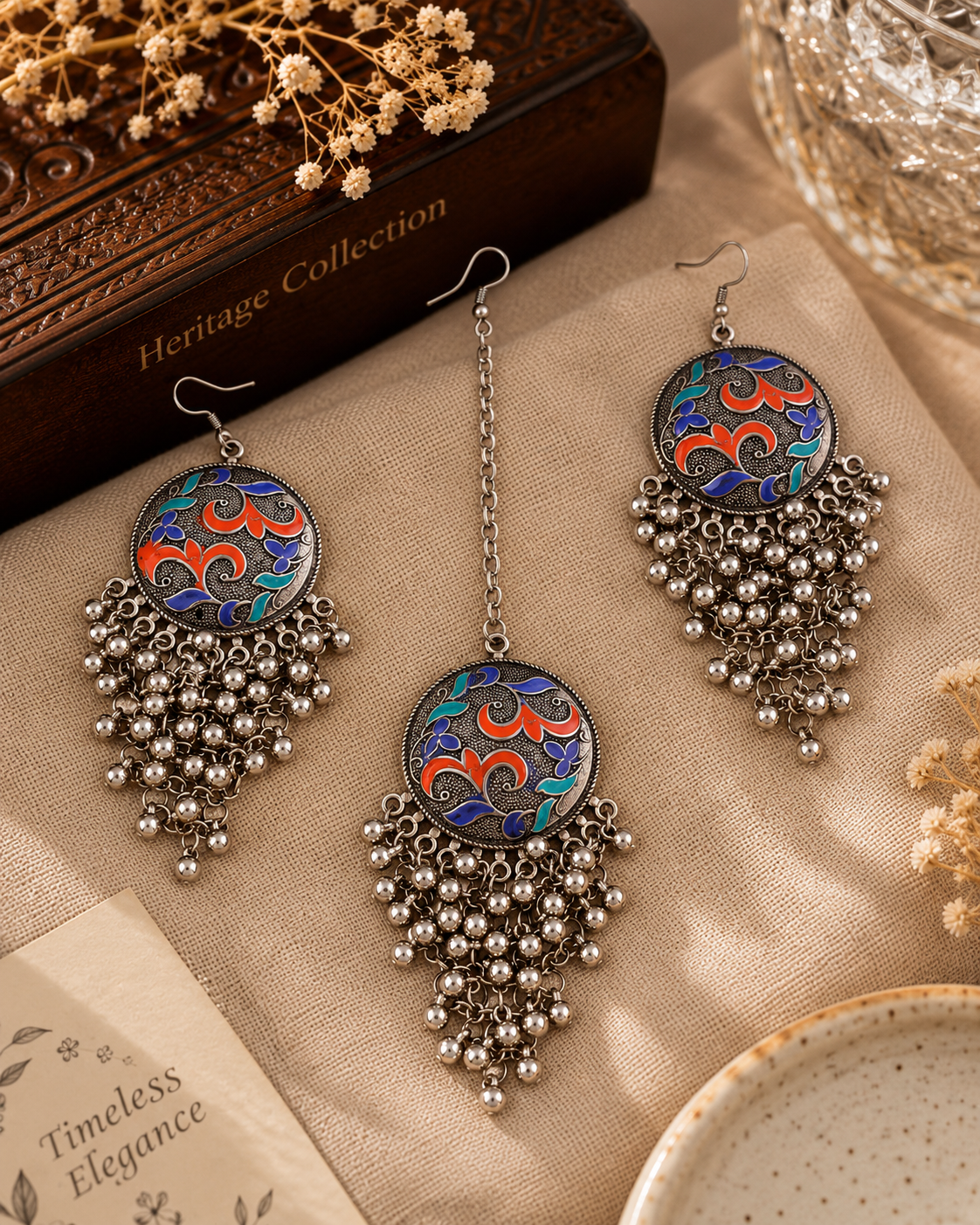 Multicolor Anaya Oxidised Mang Teeka With Earrings
