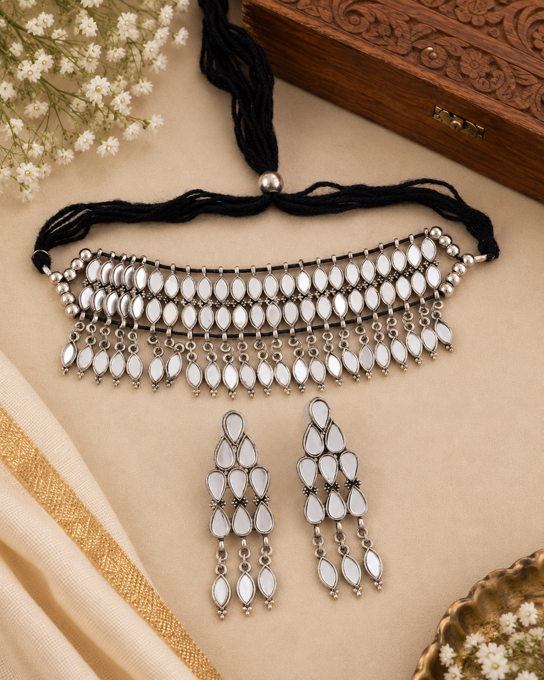 Silver Avisha Oxidised Choker & Earring Set