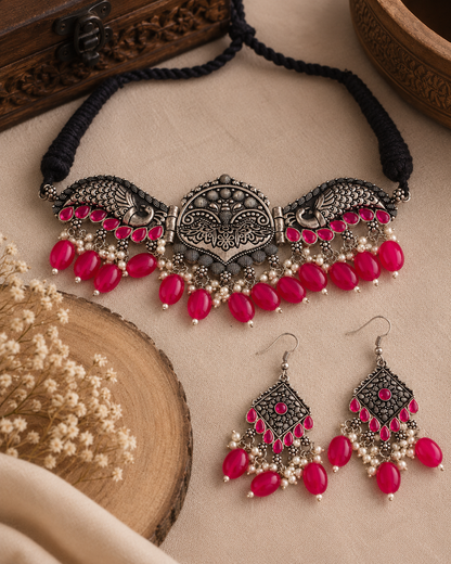 Pink Ayesha Oxidised Necklace & Earring Set