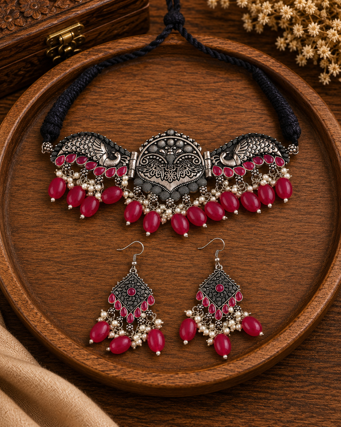 Pink Ayesha Oxidised Necklace & Earring Set
