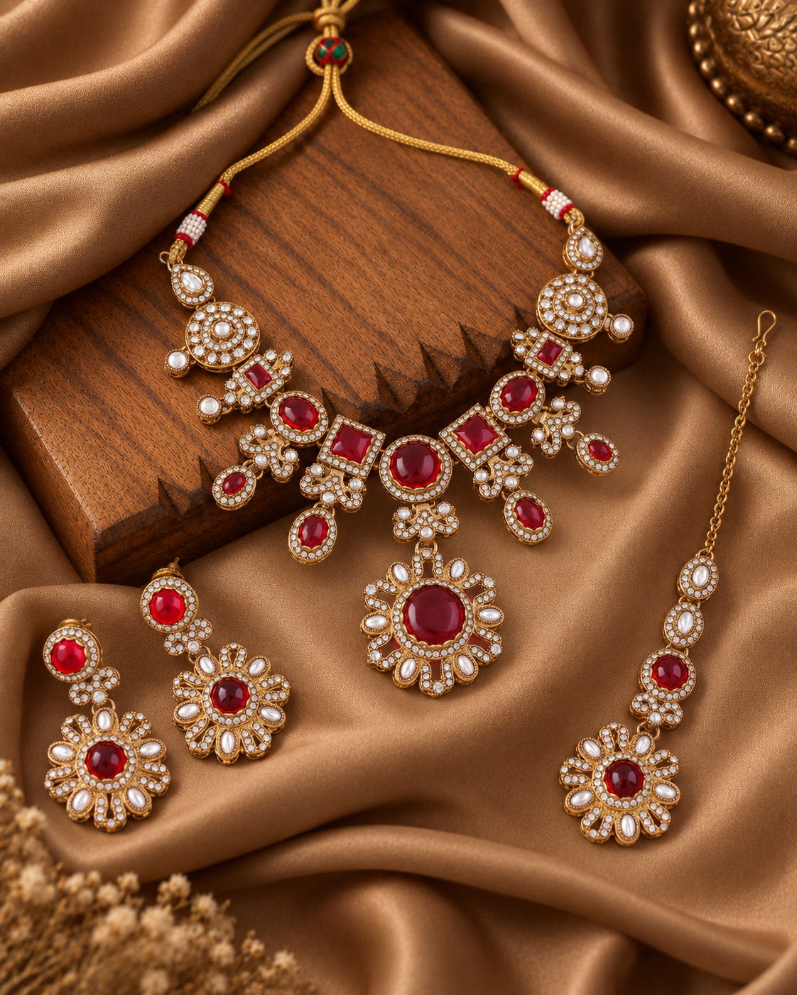 Red Mitalika Premium Sabya Inspired Necklace Set with Earring & Teeka