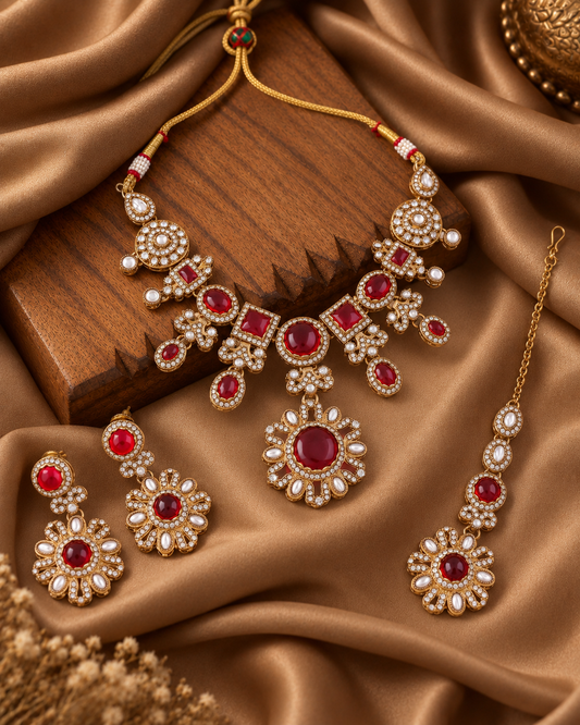 Red Mitalika Premium Sabya Inspired Necklace Set with Earring & Teeka