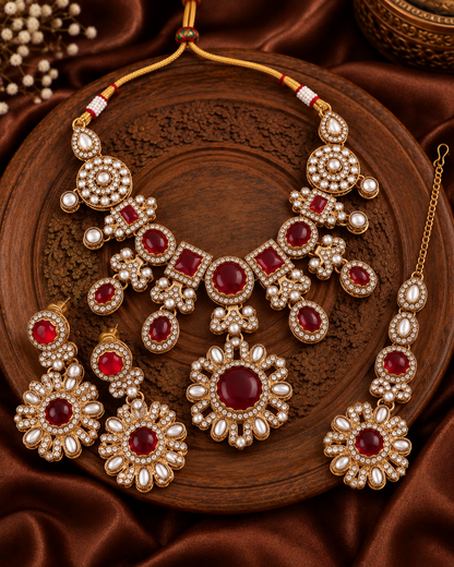 Red Mitalika Premium Sabya Inspired Necklace Set with Earring & Teeka