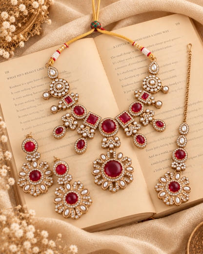 Red Mitalika Premium Sabya Inspired Necklace Set with Earring & Teeka
