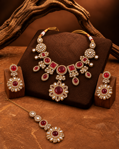Red Mitalika Premium Sabya Inspired Necklace Set with Earring & Teeka