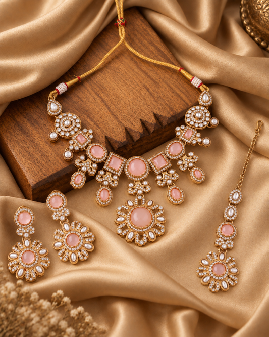 Blush Mitalika Premium Sabya Inspired Necklace Set with Earring & Teeka