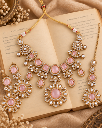 Blush Mitalika Premium Sabya Inspired Necklace Set with Earring & Teeka