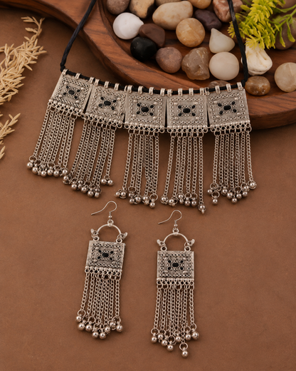 Silver Samaira Oxidised Necklace & Earrings Set