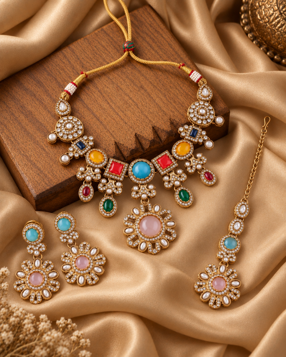 Multi Mitalika Premium Sabya Inspired Necklace Set with Earring & Teeka