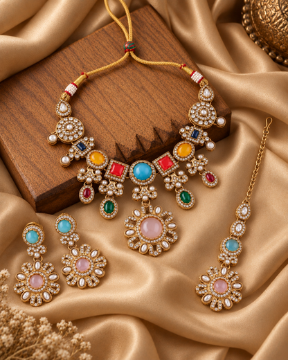 Multi Mitalika Premium Sabya Inspired Necklace Set with Earring & Teeka