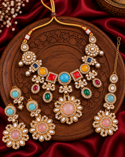 Multi Mitalika Premium Sabya Inspired Necklace Set with Earring & Teeka