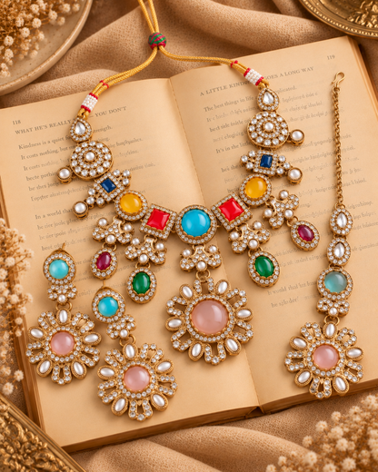 Multi Mitalika Premium Sabya Inspired Necklace Set with Earring & Teeka