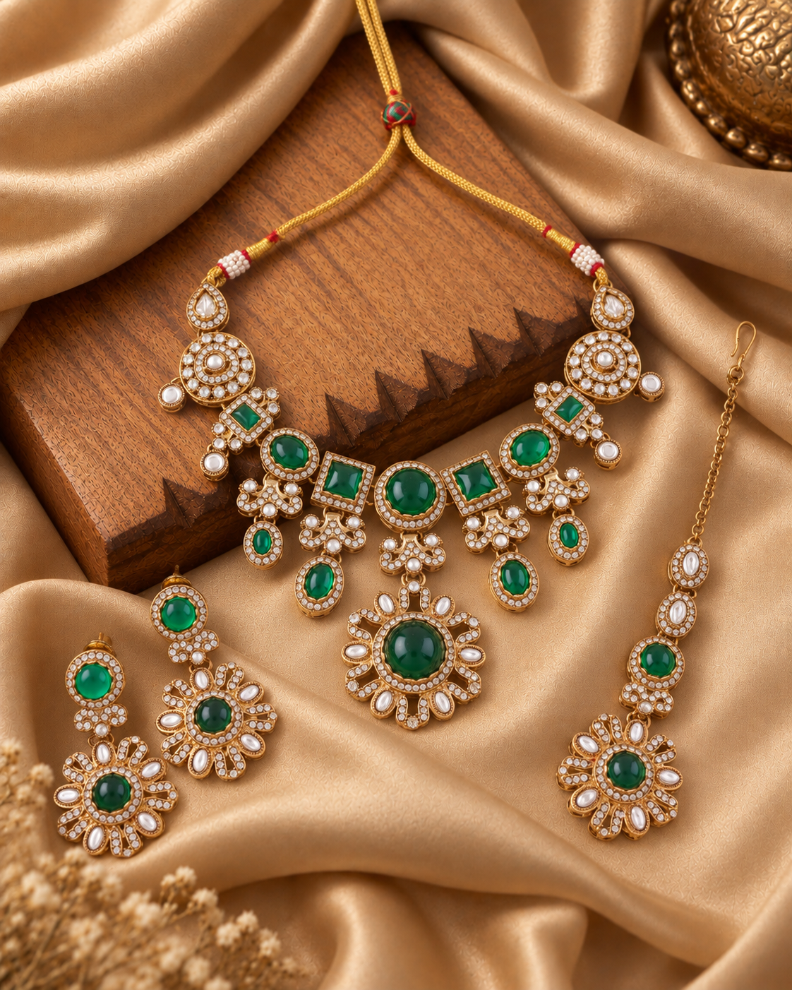 Emerald Mitalika Premium Sabya Inspired Necklace Set with Earring & Teeka