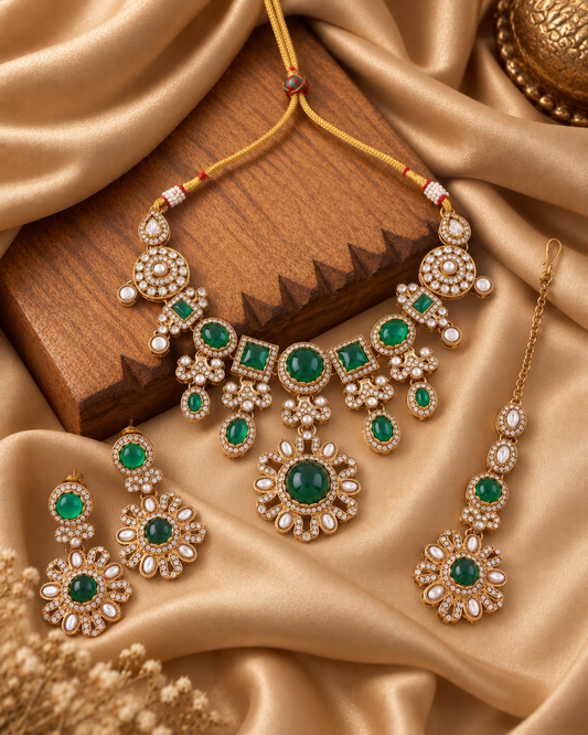 Emerald Mitalika Premium Sabya Inspired Necklace Set with Earring & Teeka