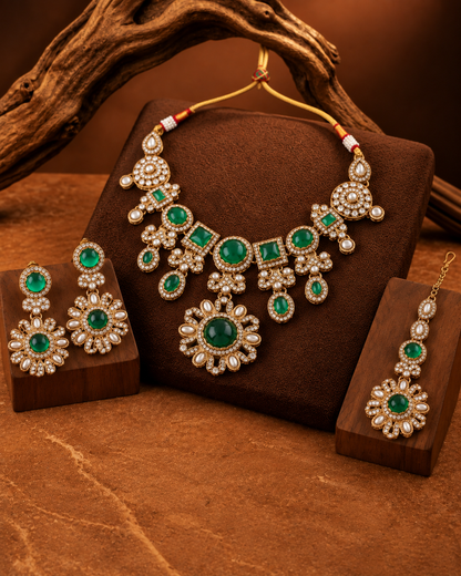 Emerald Mitalika Premium Sabya Inspired Necklace Set with Earring & Teeka