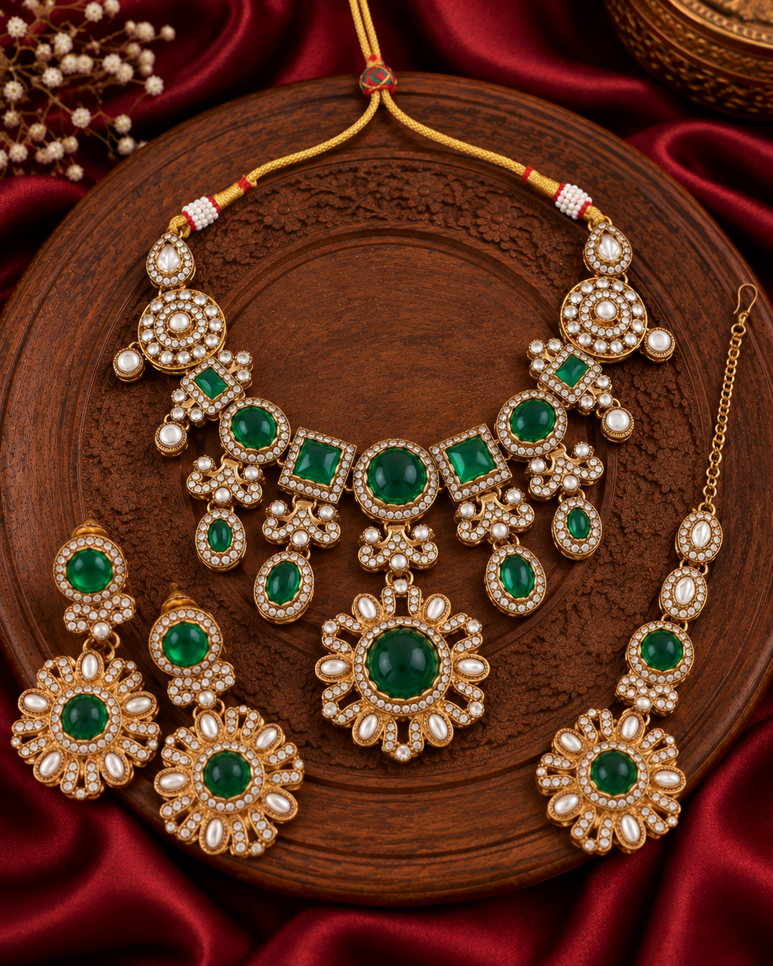 Emerald Mitalika Premium Sabya Inspired Necklace Set with Earring & Teeka