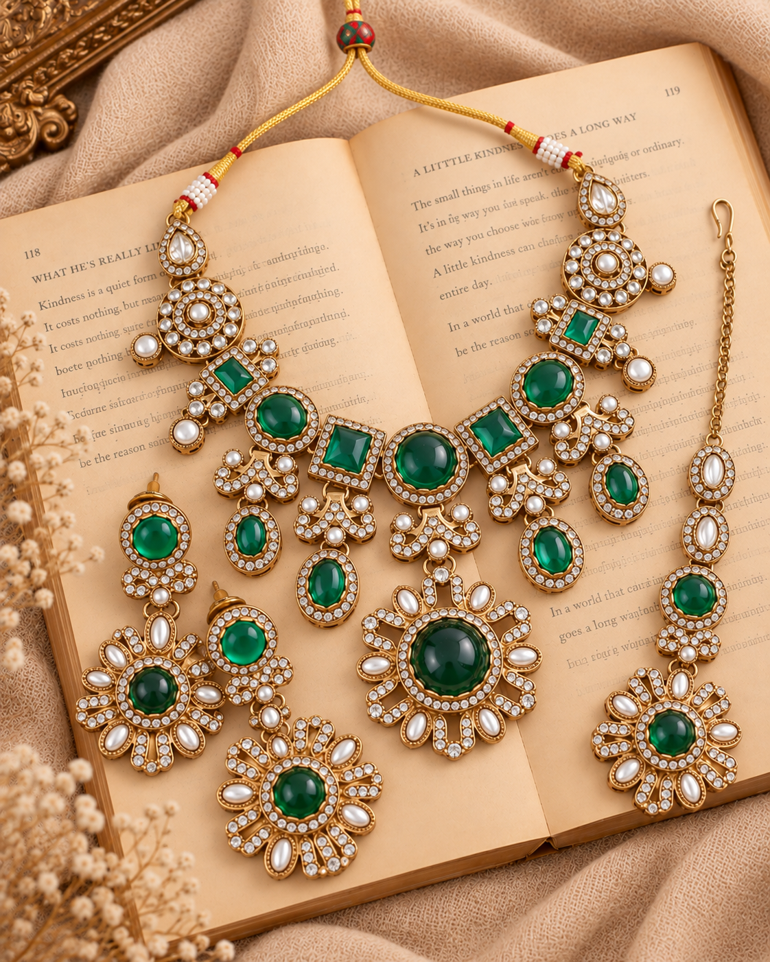 Emerald Mitalika Premium Sabya Inspired Necklace Set with Earring & Teeka