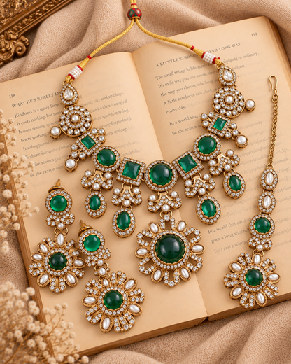 Emerald Mitalika Premium Sabya Inspired Necklace Set with Earring & Teeka