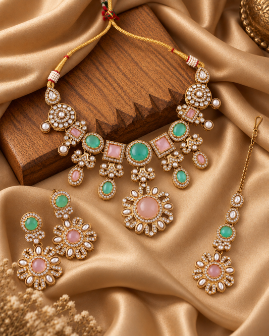 Pastel Mitalika Premium Sabya Inspired Necklace Set with Earring & Teeka