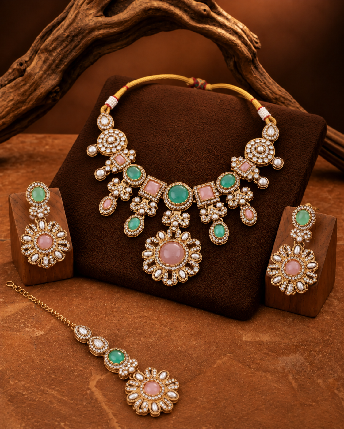 Pastel Mitalika Premium Sabya Inspired Necklace Set with Earring & Teeka
