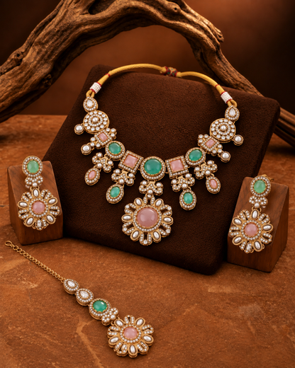 Pastel Mitalika Premium Sabya Inspired Necklace Set with Earring & Teeka