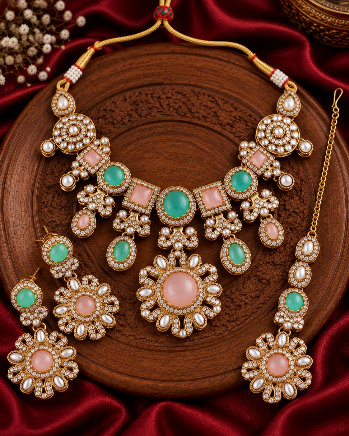 Pastel Mitalika Premium Sabya Inspired Necklace Set with Earring & Teeka